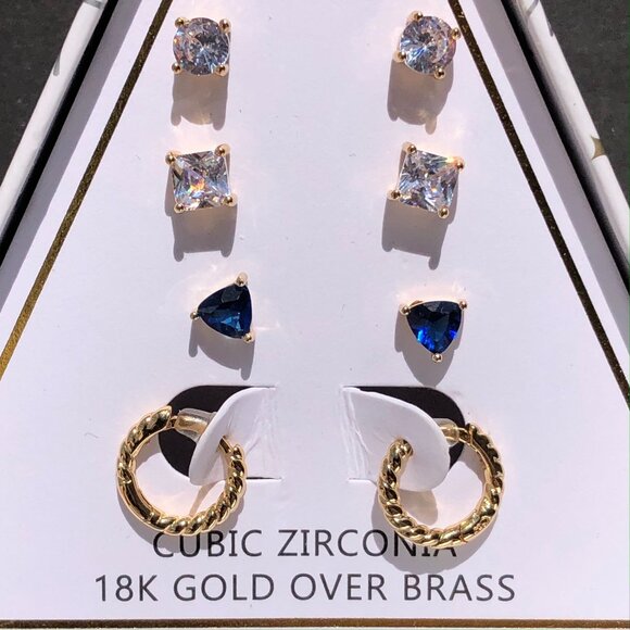 And Now This Jewelry - 4 Earring Set Stud Hoop Cubic Zirconia 18K Gold Plated Brass by And Now This